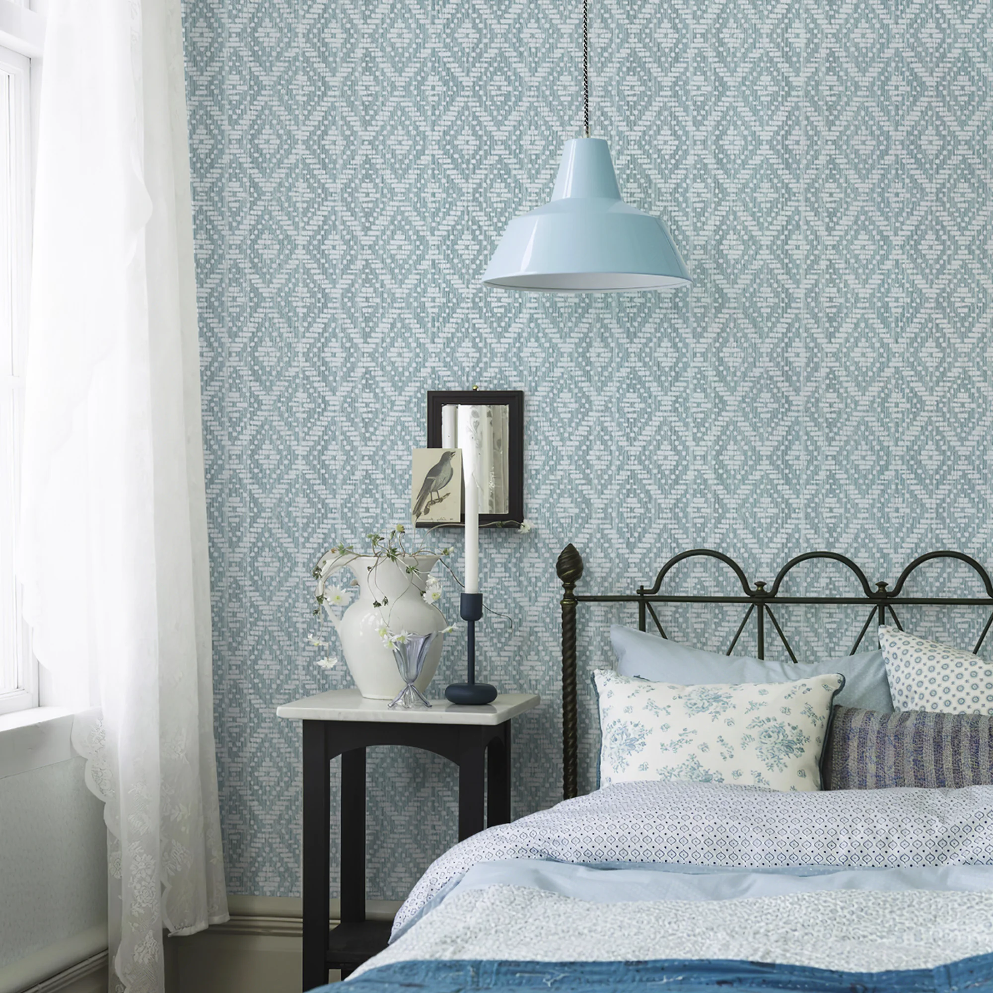 Blue Floral Rattan Woven Textured Wallpaper Morden Waterproof Geometric Grid Pattern Home Decor