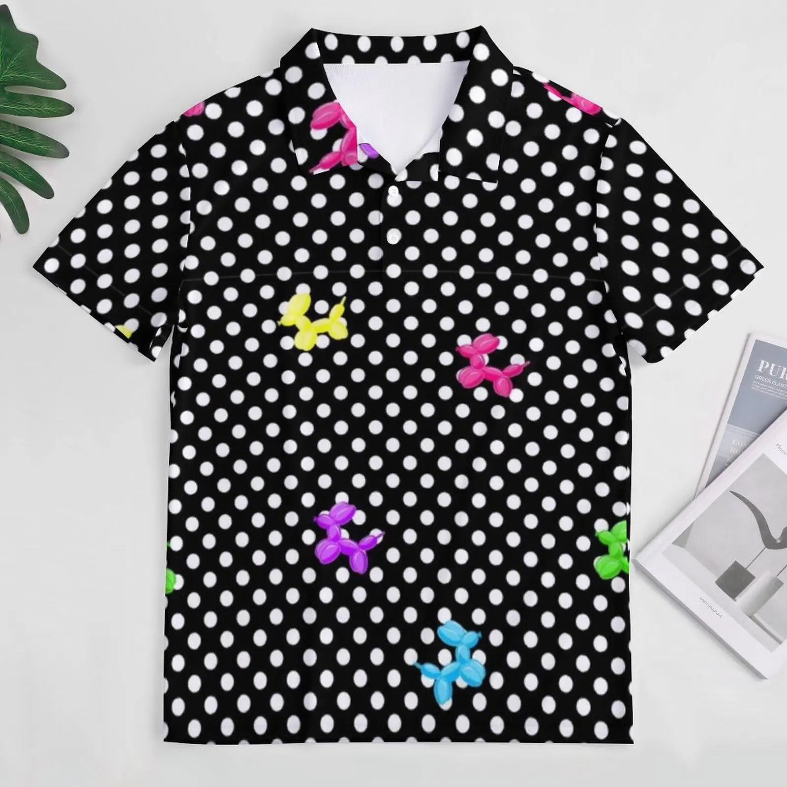 Dog Balloon Casual T-Shirts Polka Dot Print Polo Shirts Men Y2K Shirt Beach Short Sleeves Pattern Clothing Big Size