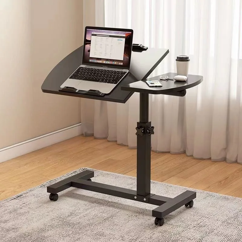 Height Adjustable Rolling Laptop Side Table Degree Rotating Rectangular Engineered Wood Top Thickened Steel Frame Mobile Bedside