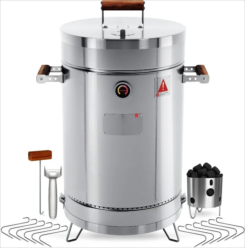 شواية أساسية 25 رطلاً - شواية مدخنة من الفولاذ المقاوم للصدأ 3 في 1 للطهي والمنزل والشواء - أسطوانة مدخنة عمودية محمولة للاستخدام في الهواء الطلق