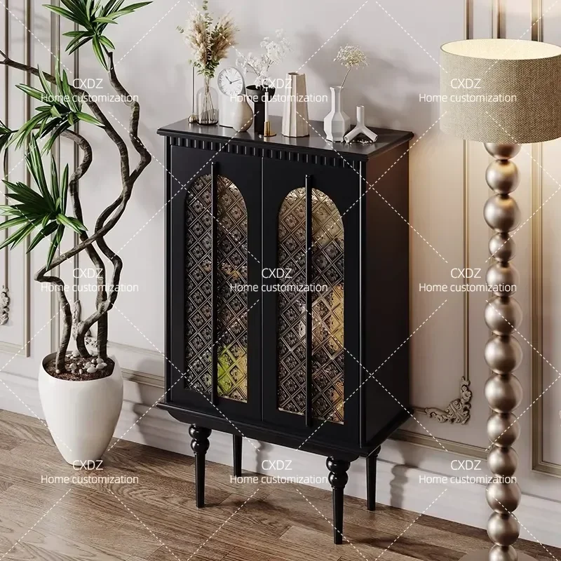 Retro Solid Wood Side Cabinet with Sensor Light Glass Door Wine Storage for Living Room Dining Area Entrance Hallway Home
