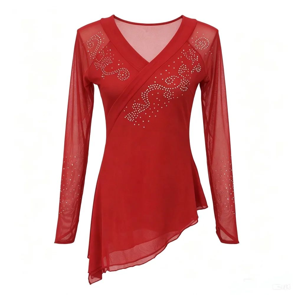 USHINSparkling Rhinestone Mesh Dance Top Gradient Color Long Sleeve V Neck Wrap Blouse Women  Dance Training Performance Clothes