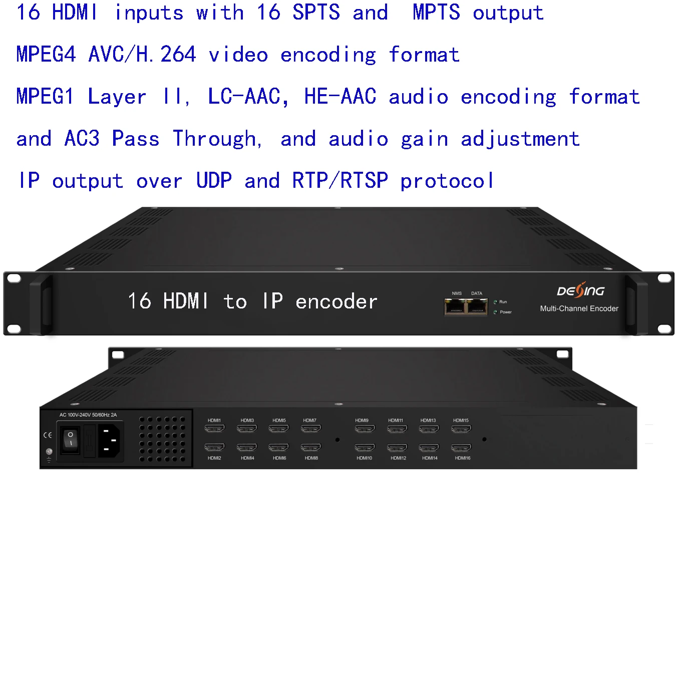 NDS3228S Multi-channel Encoder, 8/16/24 HDMI to IP encoder, MPEG4 AVC/H.264 video encoding format