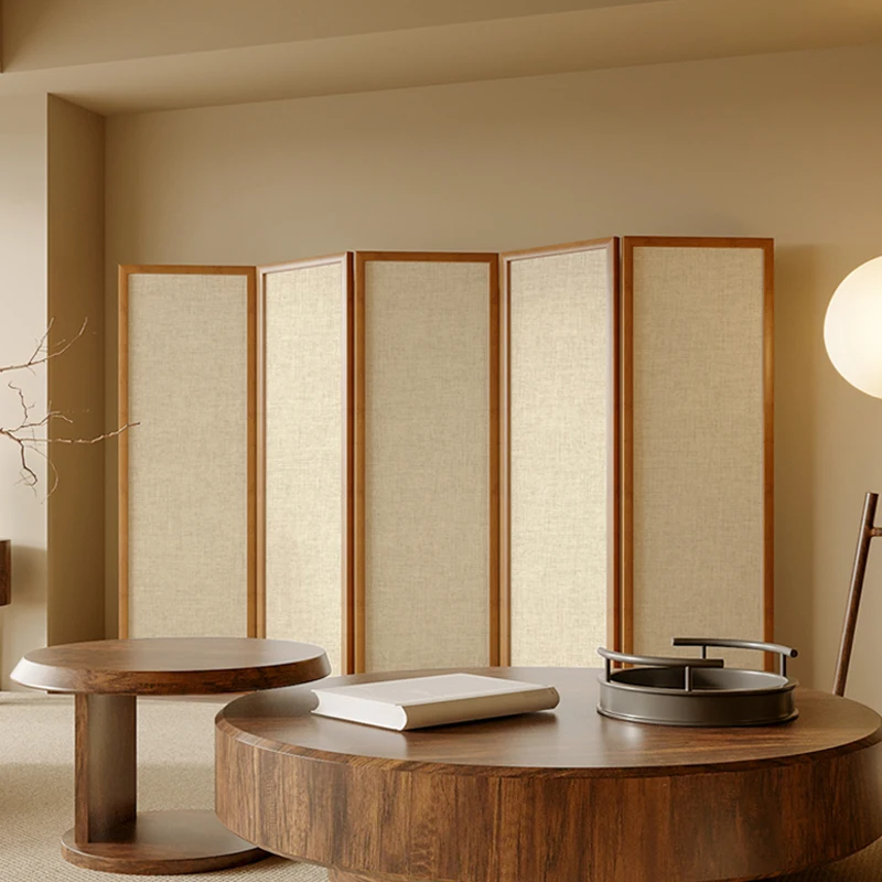 Japanese cream style solid wood new Chinese screen partition living room folding mobile home blocking tea room retro zen - Image 3