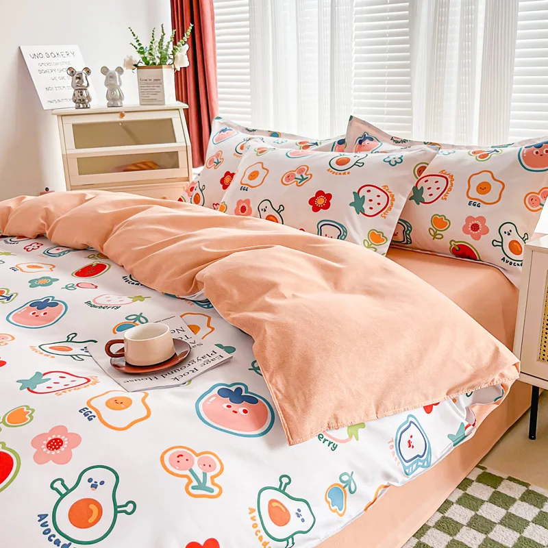 Cartoon Fruit Duvet Cover 4pcs Bedding Set Colorful Fruits Quilt Cover Polyester Comforter Cover 1 Flat Sheet with 2 Pillowcases