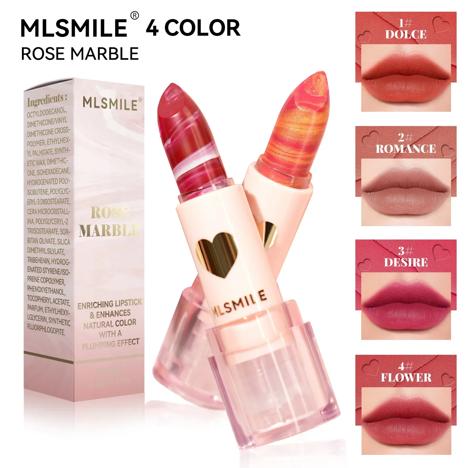 MLSMILE 신제품 4색 립스틱 부드럽고 가벼운 질감 오래 지속되는 색상 변하지 않는 패션 전문 립스틱 3.2g