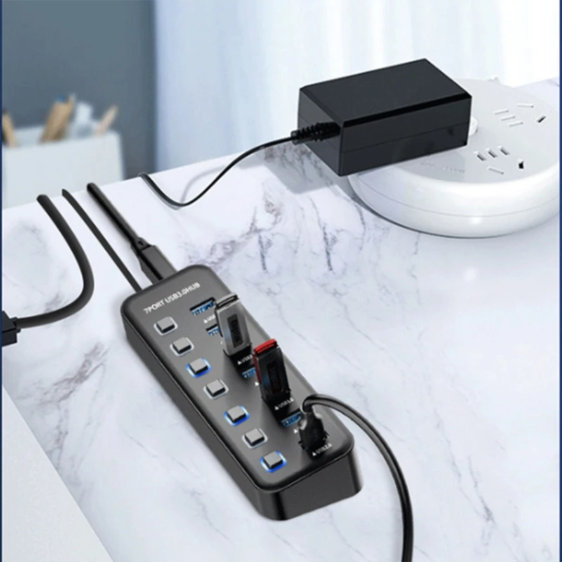 USB Hub 3.0 7 Port, USB Data Hub Splitter, 5Gbps High Speed USB Port Expander For Various USB Devices Spare Parts Accessories