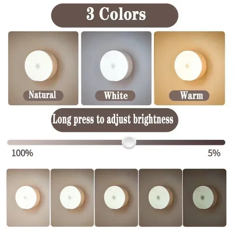 3Color Adjustable LED Night Light USB Rechargeable Night Lamp For Kitchen Cabinet Wardrobe Lamp Staircase Wireless Closet Light