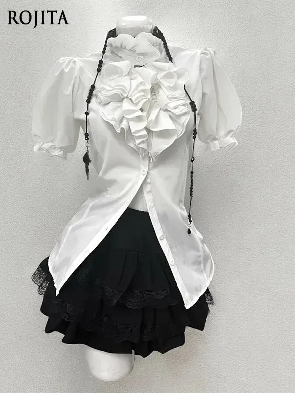 Gothic Lolita 3 Piece Outfit Puff Sleeve Blouse Vest Lace Ruffle Skirt Set 2026 Summer New Shirt + Skirt + Vest Three-piece Set