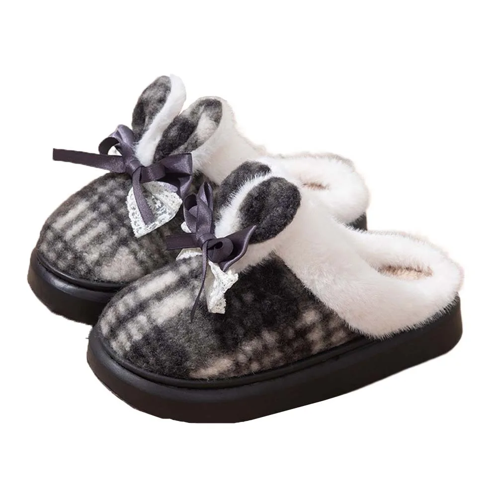 Zapatillas de algodón con Orejas de conejo a cuadros suaves a prueba de viento, zapatillas más cálidas antideslizantes con lazo para invierno, zapatos cálidos de algodón con dibujos animados de EVA para el hogar, regalo
