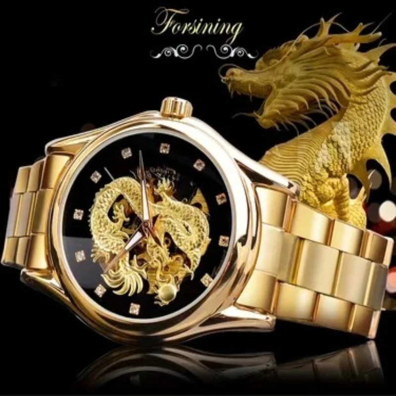 FORSINING Fashion Men's Automatic Mechanical Luxury Watch Elegant Dragon Pattern Design Diamond Inlaid Dial Watches for Man