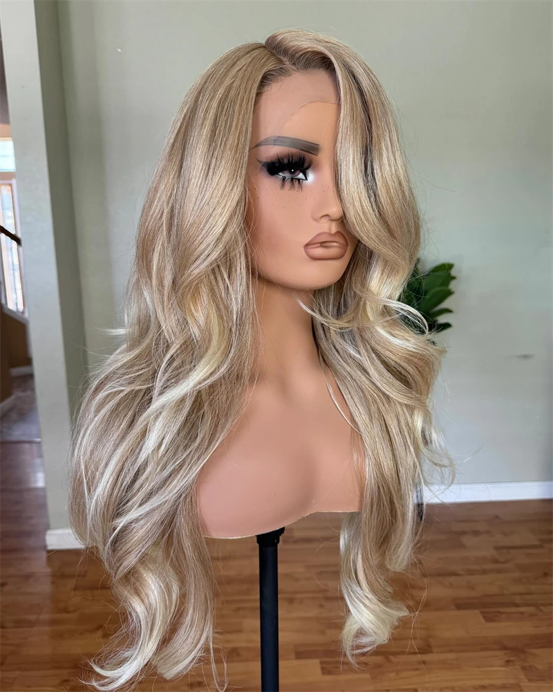 여성용 사이드 미들 이별 합성 레이스 프론트 가발, 허니 블론드 골든 하이라이트, 컬러 롱 레이스 가발, 물결 모양 고밀도