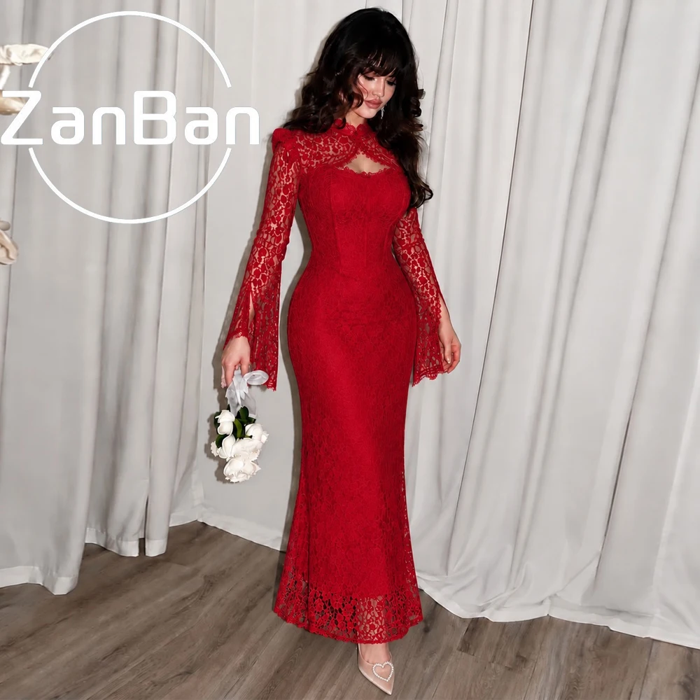 ZanBan Modern Evening Dress Red Lace Full Sleeve Elegant New Embroidery Mermaid Dress Ankle-Length Vestidos De Fiesta Customized