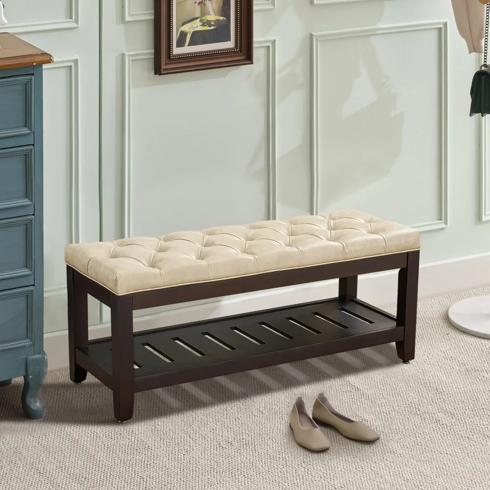 Otomano de armazenamento tufado moderno de 44 polegadas, banco de entrada estofado com pernas de madeira, extremidade confortável do banco de cama para armazenamento elegante