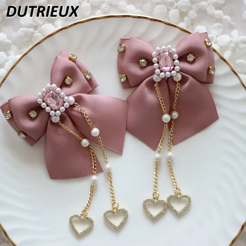 

Handmade Japanese Lolita Barrettes Chic Pearl Rhinestone Love Gem Bow Edge Clips Press Clip Hairpin Hair Accessories for Girls