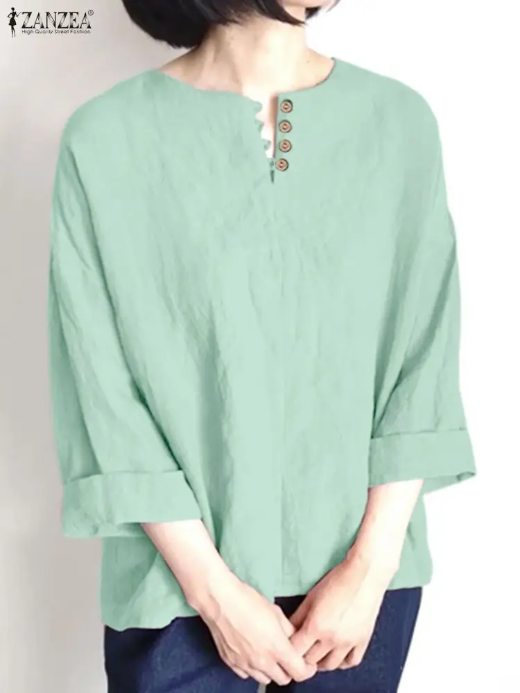 

ZANZEA 2025 женские блузки винтажные топы три четверти модные блузки с круглым вырезом повседневные свободные туники элегантный пуловер на пуговицах
