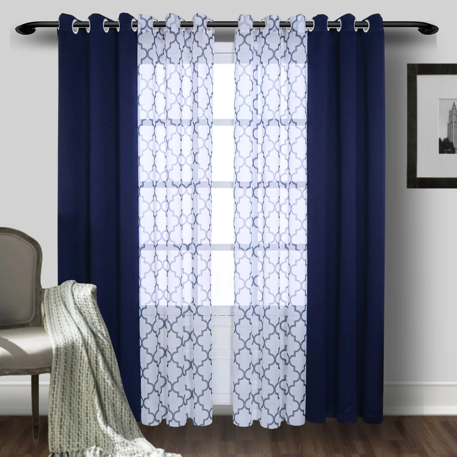 

2PCS Curtains, 1PC Moroccan Print Sheer Curtains And 1PC Blackout Curtains For Bedroom, Living Room Grommet Window DrapesOffice