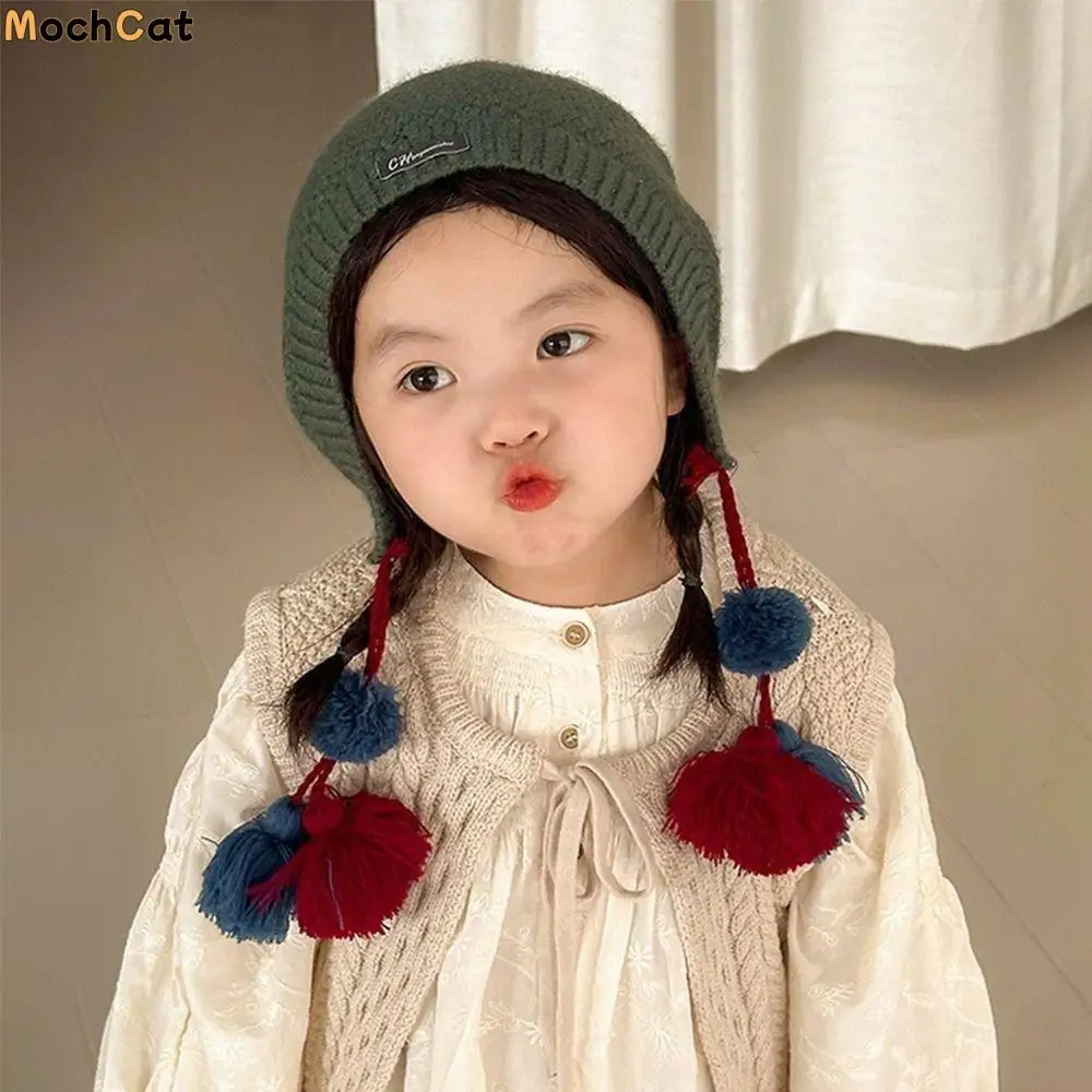 

Fashion Ethnic Style Children's Tassels Hat Autumn Winter Ear Protection Handmade Crochet Hat Korean Warm Girls Knitted Hat Kids