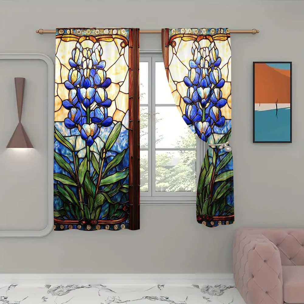 2Pcs Stained Glass Flower Printed Curtains Perfect For Bedroom Living Room Light Filtering Polyester Window Treatments D