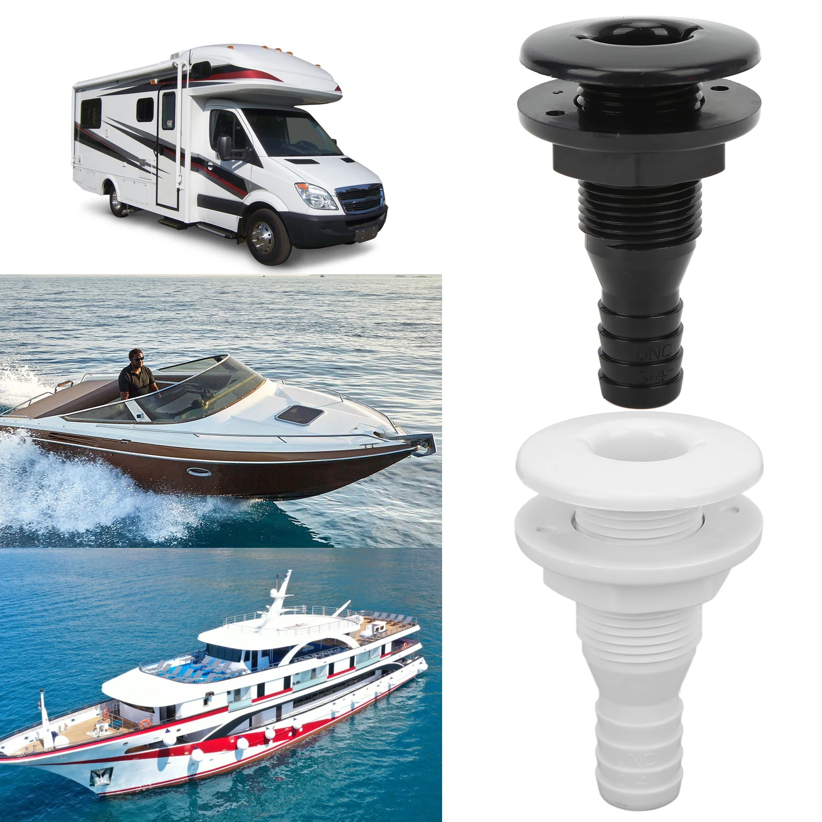 Boat Through Hull Connector 3/4in ABS Plastic Hose Coupling Drain Outlet Accessory