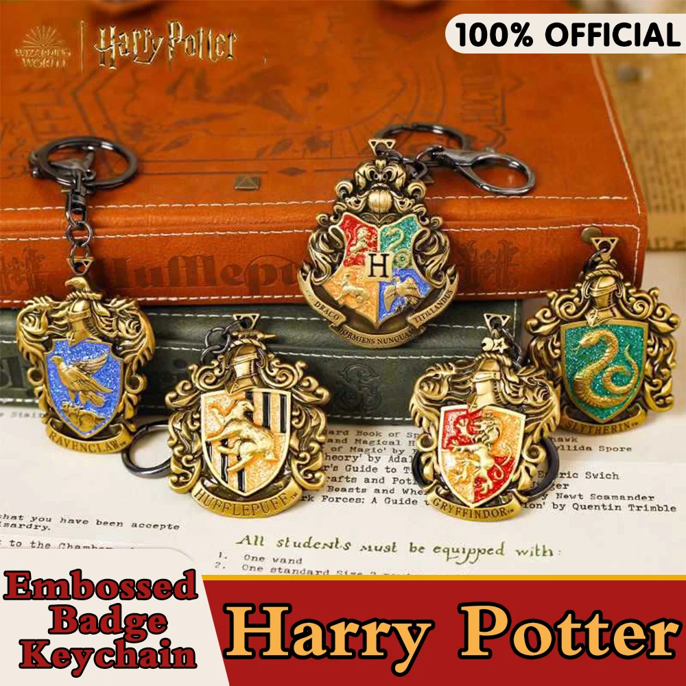 Genuine Harry Potter Hogwarts Embossed Keychains Magic School Hufflepuff Ravenclaw Gryffindor Metal Backpack Hanging Gifts Toys