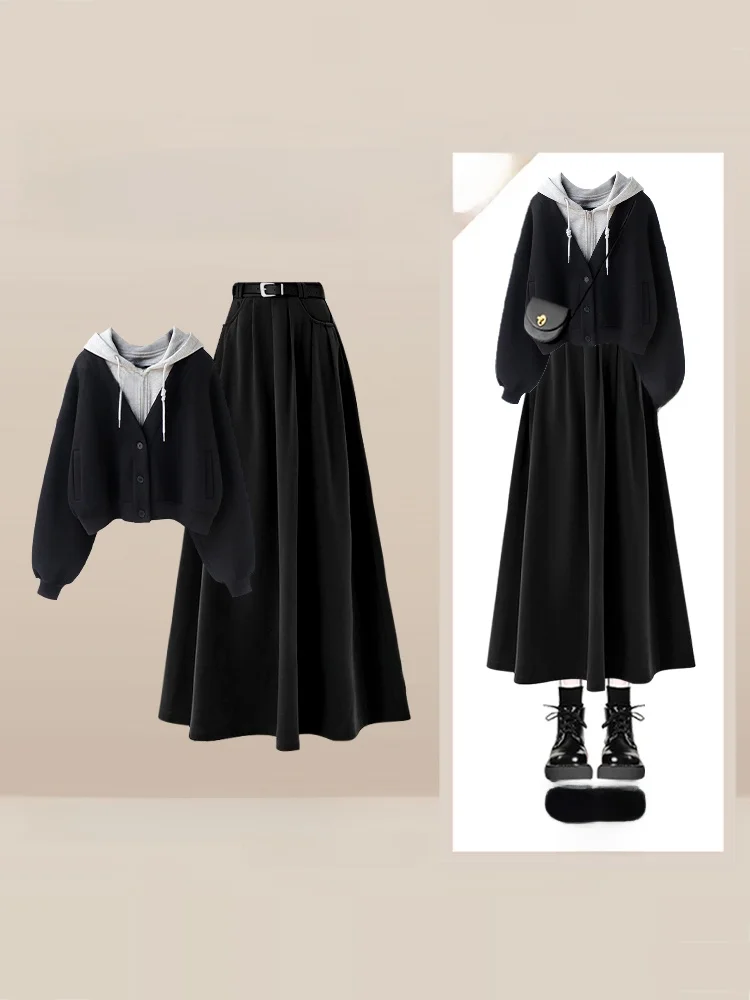 Autumn Winter Women's College Sle Sweatirt Skirt Set Casual High Waist Long Skirt Two Piece Outfit Anti-Aging Trendy Set