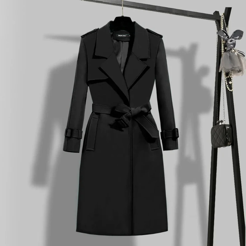 Office Lady Sashes Long Trench Coats Women Spring One Button Lined Solid Color Windbreaker Fashion Turndown Collar Work Overcoat