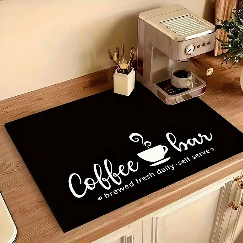 Coffee Themed Kitchen Drainage Mat, Anti Slip Coffee Machine Tableware, Kitchen Countertop Protection Mat