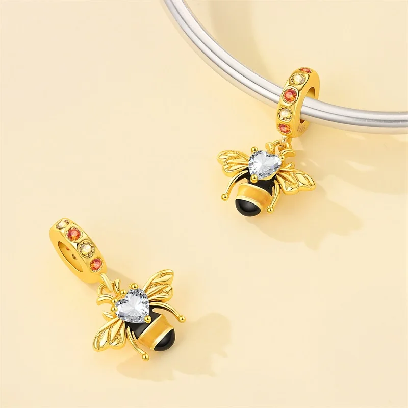 

925 Sterling Silver Colorful Zirconium Gold Bee Charms Bead Fit 3mm Original Bracelet DIY Women Exquisite birthday Jewelry Gifts