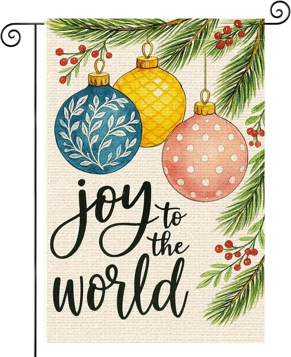 Joy To The World Garden Flag 12x18 Inch Christmas Ornament Balls Burlap Double-Sided Pine Branches Seasonal Outdoor Holiday  LLG