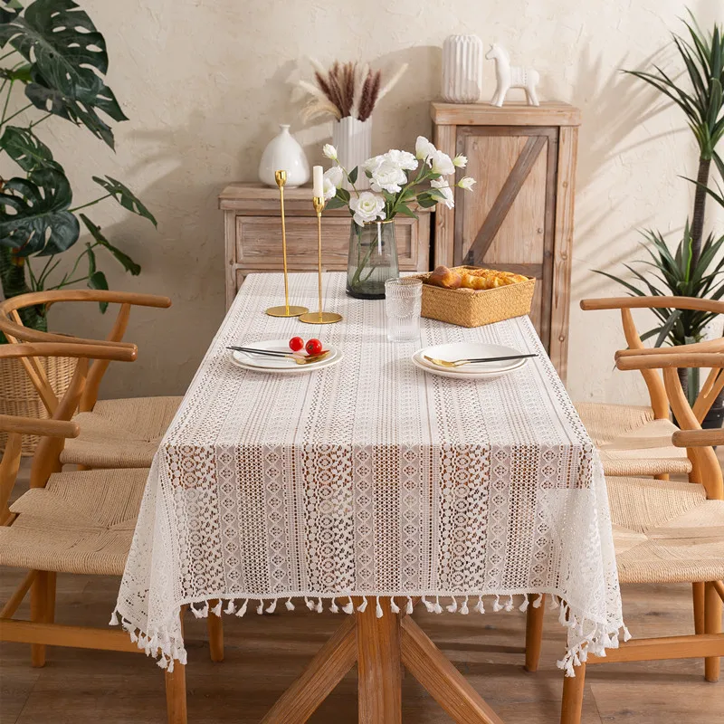 

1401-L Beige Tablecloth Brocade Cotton Hollow White Flower Table Cloth Dining Tablecloth Wedding Decoration