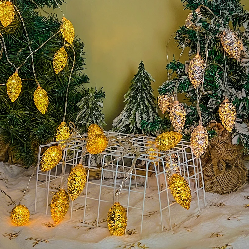 2M 10LED Silver Gold Pine Cone String Light Christmas Tree Lights Ornaments Pine Cone Pendants Xmas New Year Decoration Navidad