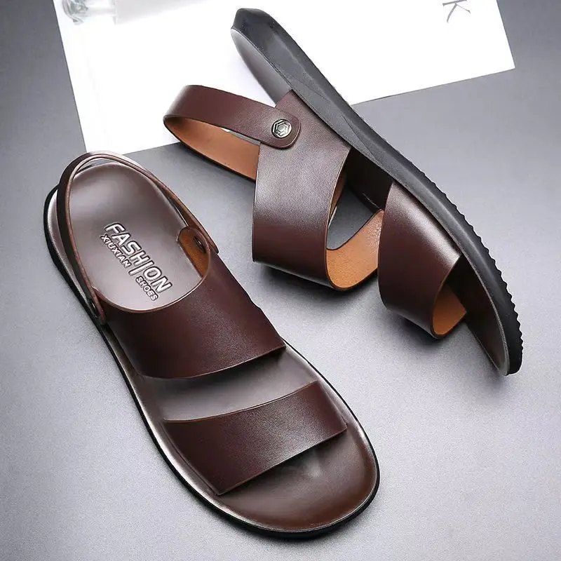 beach shoes for man sandals leather outdoor man sliders chanclas sandalen herren black brown 38-48