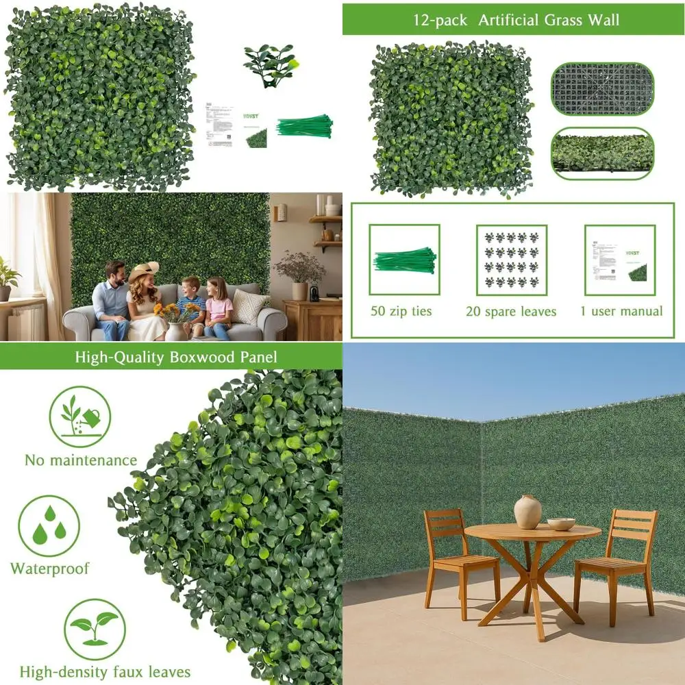 

20 x 20 Artificial Grass Wall Panels, Set of 12 UV-Resistant Boxwood Panels, Indoor/Outdoor Privacy, Party Decor, Green Wall Dec