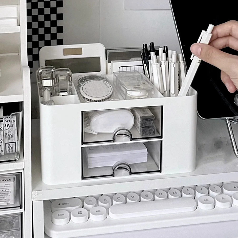 ABMF-2 個ブルー + ホワイトシンプルな透明引き出し収納ボックス児童学生オフィスデスクトップ装飾品ペンホルダー使いやすい