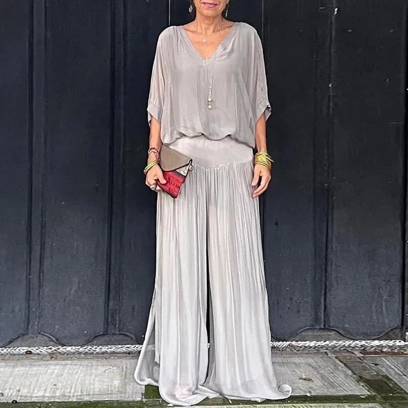 Elegant Chiffon Wide-leg Pants Two-piece Set Women 2024 Spring Half Sleeve Solid Loose Outfit Summer V Neck Backless Casual Suit