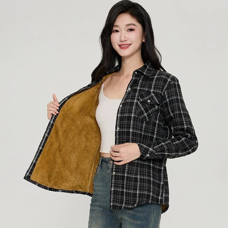 Vintage marrom feminino camisas xadrez moda coreana fino temperamento senhora do escritório camisa jaqueta outono inverno grosso velo outwear topo