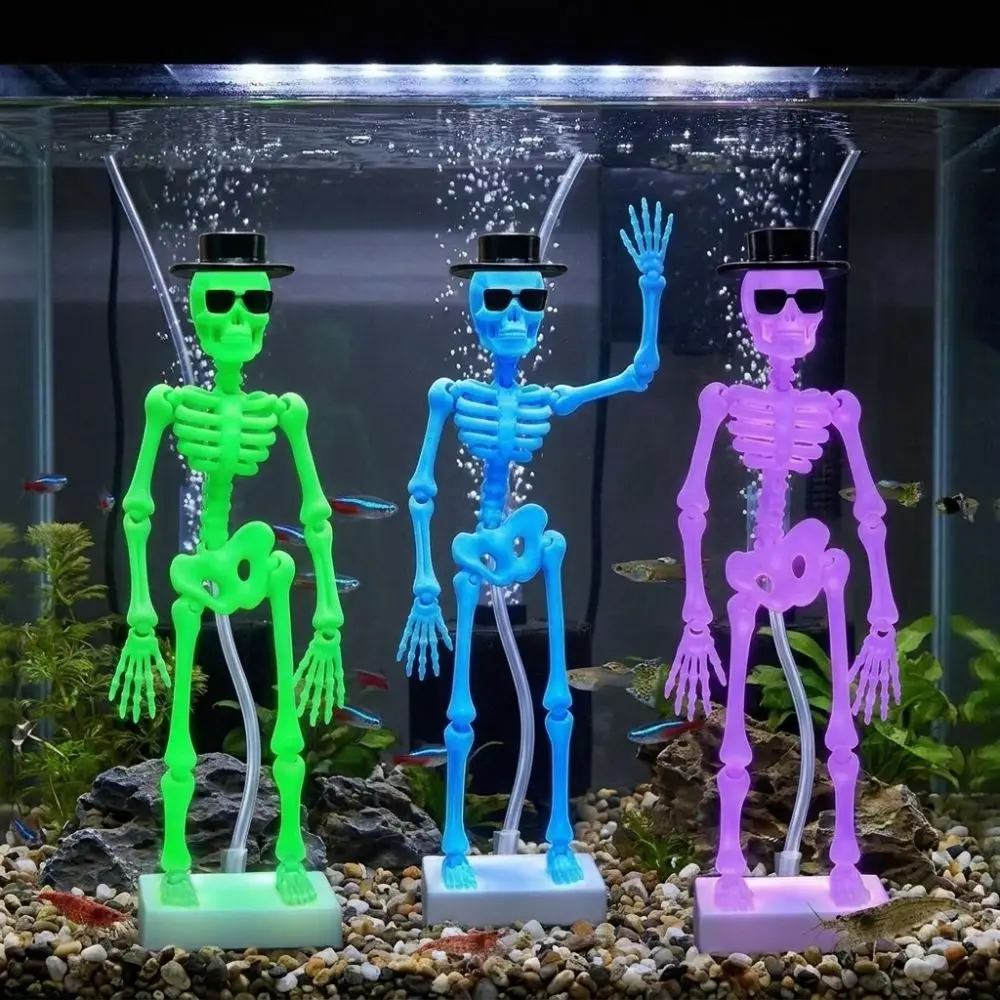 New 3D Printed Dancing Skeleton Aquarium Bubbler Plastic Wear Hat Sunglasses Dynamic Skeleton Bubbler Gothic Air Driven