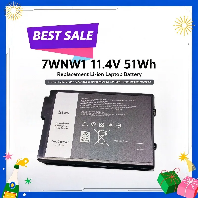 7WNW1 11.4V 51Wh Replacement Li-ion Laptop Battery for Dell Latitude 5420 5424 7424 RUGGED P85G001 P86G001 GK3D3 DMF8C P137G002