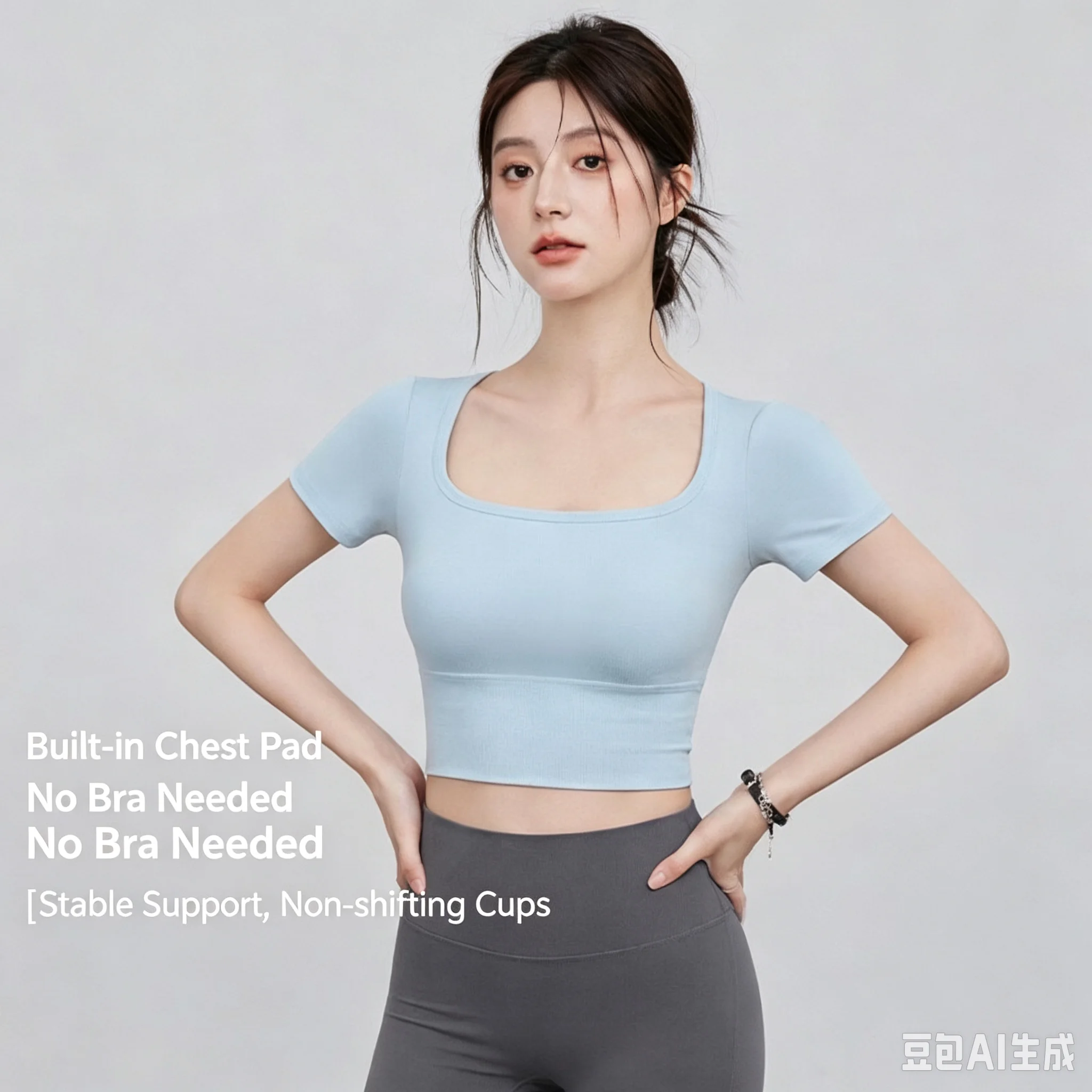 Women Mesh Splicing Cropped Sports Tee Slim Fitness Top Built In Bra Pilates Gym Yoga Shirts