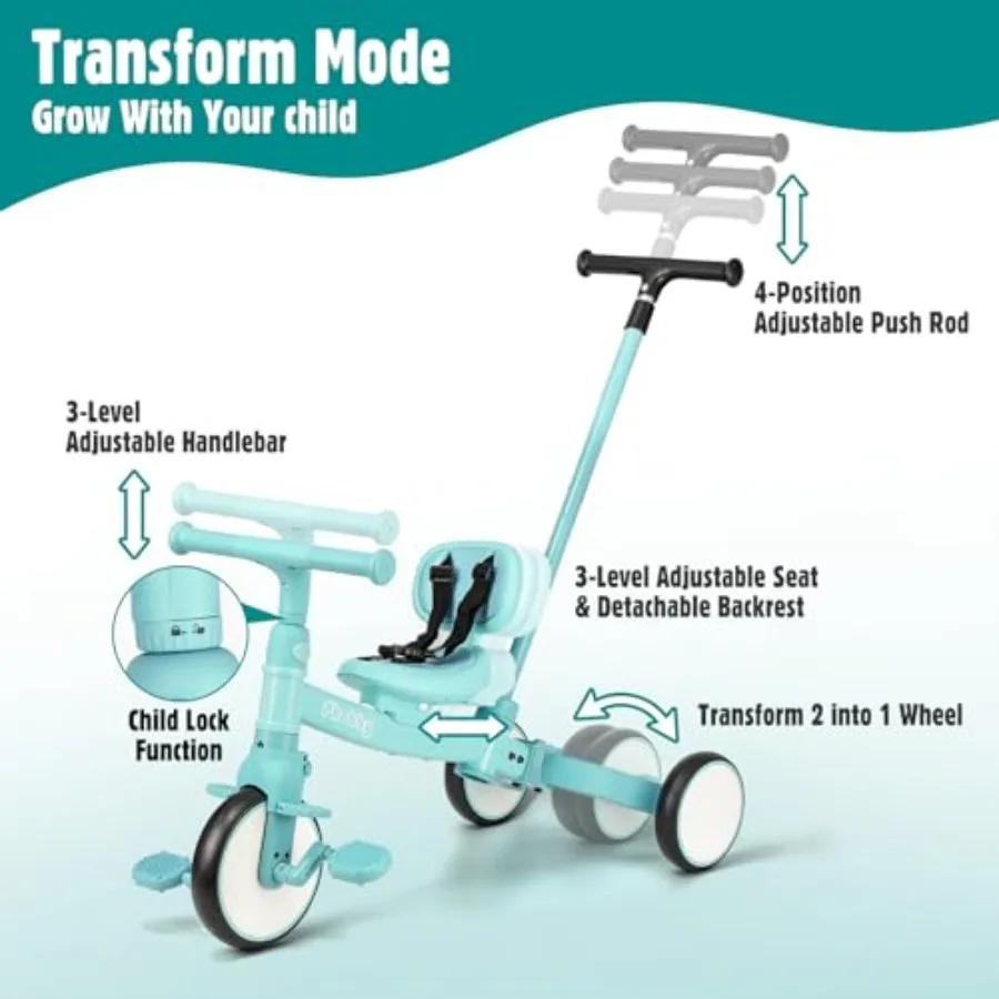 Tricycle 5 en 1 pour tout-petits avec poignée de direction pour 1-4 ans, pédales amovibles, jouet de premier équitation bleu, cadeau d'anniversaire pour Bo