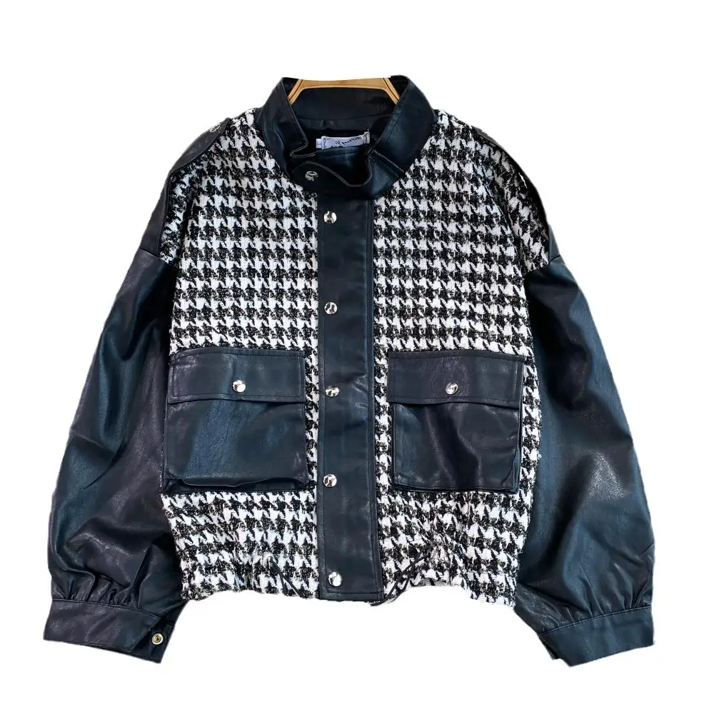 Faionable Plaid ort Stand Collar PU cuero empalme Jaet mujer Otoño Invierno béisbol Sle Casual rompevientos moda