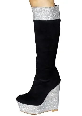 Sliver Glitter Black Suede Patchwork Thick Sole Platform Wedges Knee High Boots Lady Zipper Side Outdoor Leisure Long Botas Shoe