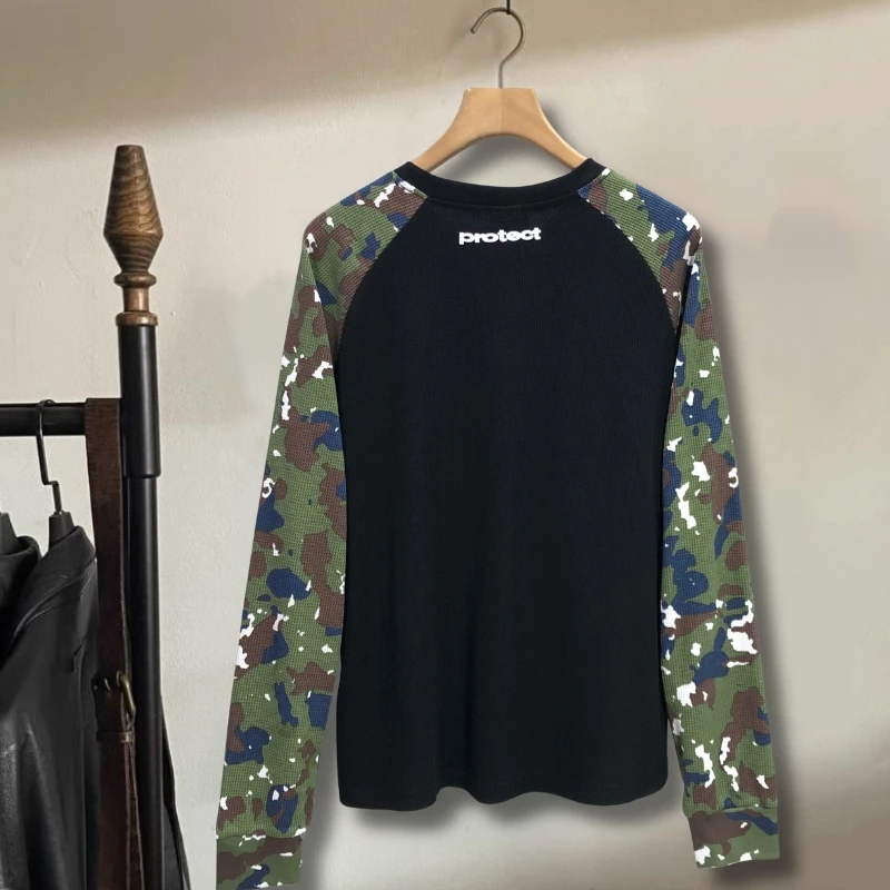 High Quality Cotton Black Camouflage Patchwork Protect Waffle Long Sleeve 312 Letter Print Round Neck Pullove Men Women Tshirts