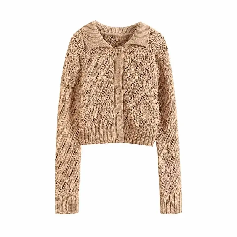 

Women New Fashion Hollow out design Cropped wool Knitted Cardigan Vintage Long Sleeve Button-up Female Outerwear Chic Tops