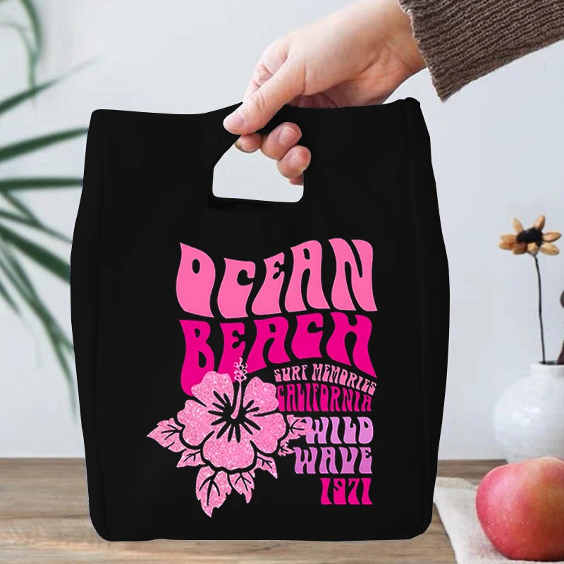 Lunch Box Storage Bag Ocean Trip Souvenirs Positive Quotes Print Insulation Bags Women Ocean Beach Pink Flower Canvas Lunch Bag