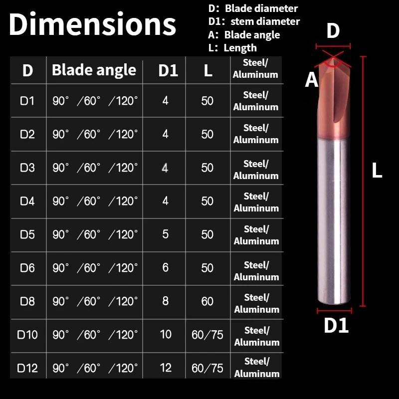 Mata Bor Chamfer Baja Karbida Tungsten HRC55 KH CNC, Mata Bor Ukir CNC 3 Alur dengan Lapisan TiSiN, Alur V untuk baja dan aluminium