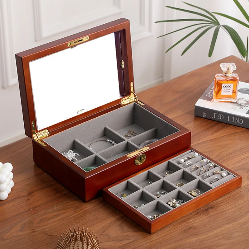 

Mutihome Room Decoration Walnut Wood Color Makeup Box Mirror Vintage Handmade Wooden Storage Box Jewelry Box With Two Layers