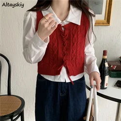 Solid Red Sweater Vest Women High Street Design Belt Twist Knitting Sleeveless Sweaters Loose Cropped Vests Female Korean Style