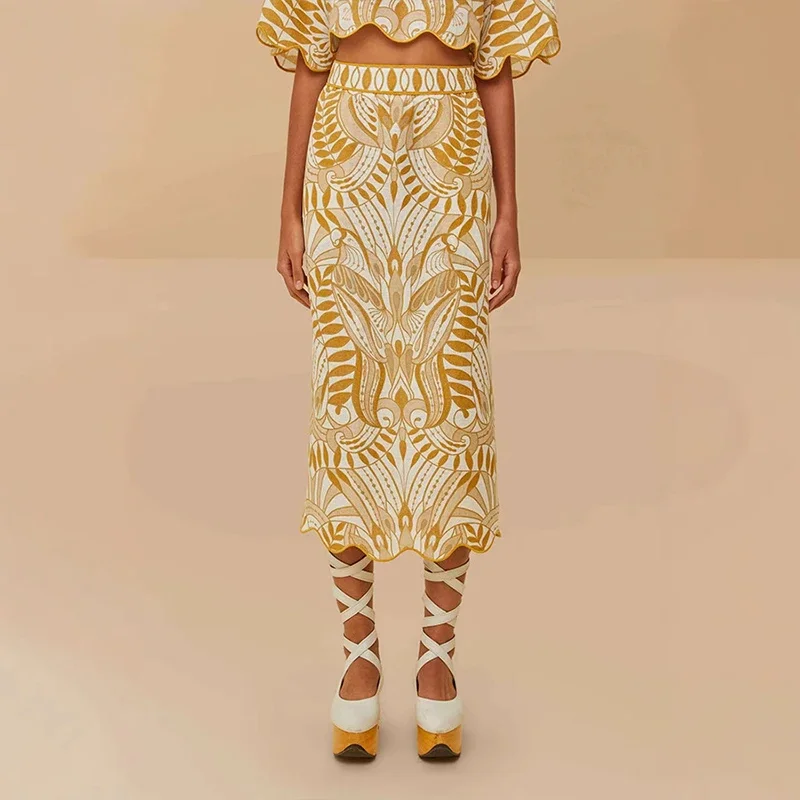 Fashion Comfortable Short Sleeve Set Vintage Pattern Print Slim Two Piece Outfits Women Elegant O-neck Top & Party Commuter Suit